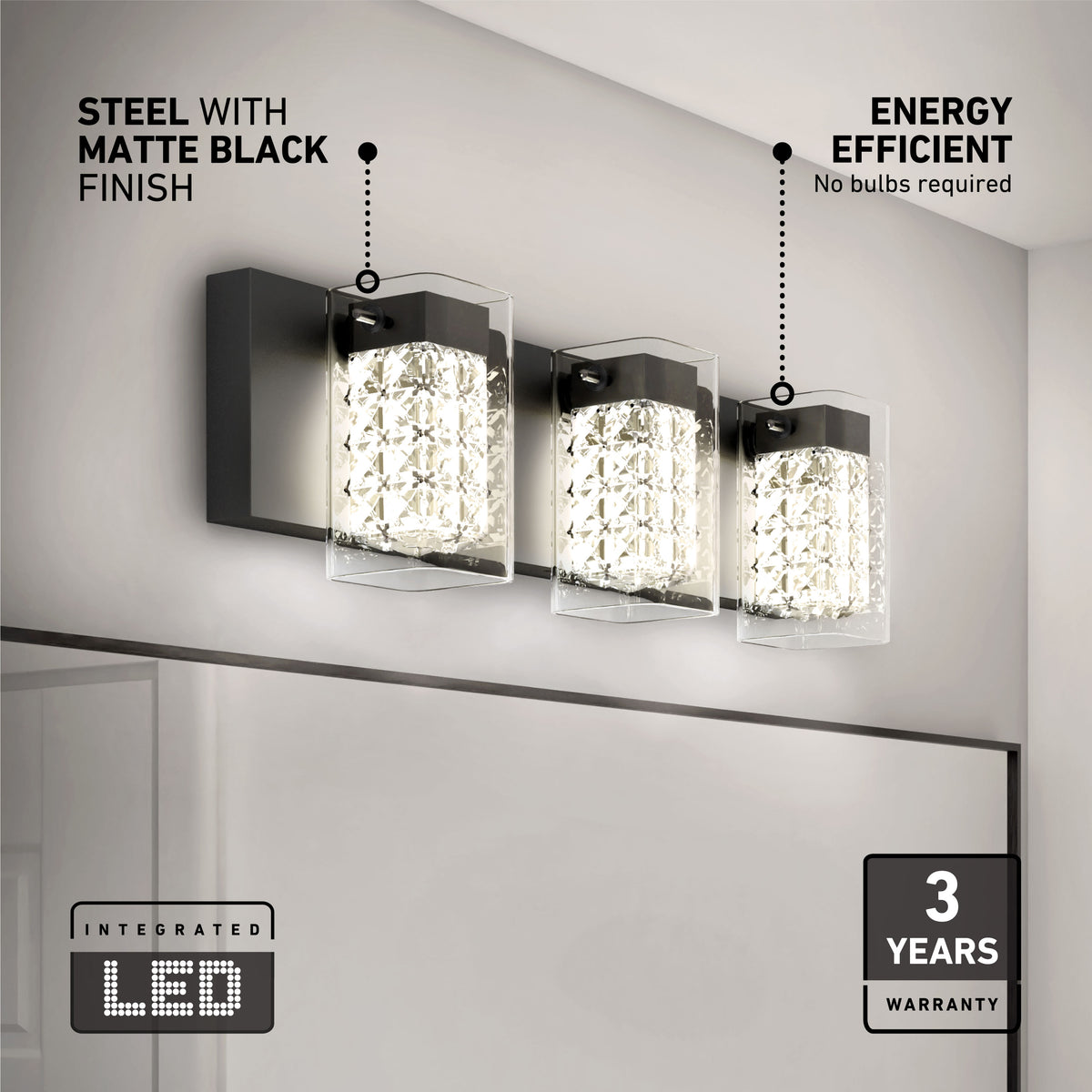 The Artika Crystal Cube LED bathroom vanity light offers three crystal-patterned lamps, a matte black steel base, clear glass covers, energy-efficient lighting with 5 CCT options, and comes with a 3-year warranty.