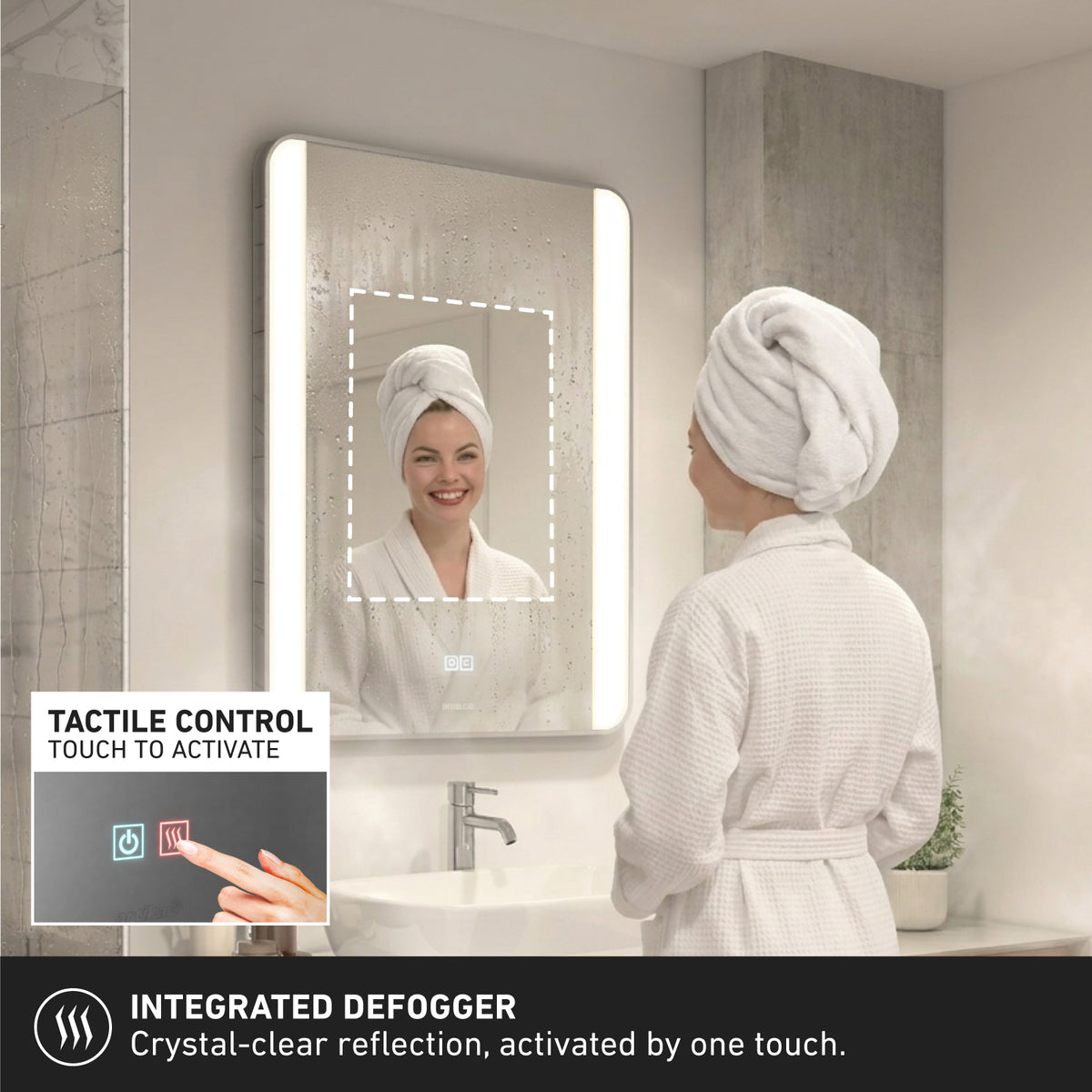 A woman in a white bathrobe smiles at her reflection in the Artika Onyx dimmable LED mirror 3 CCT. An inset shows a finger using the touch control to activate the illuminated, anti-fog feature for clear visibility.
