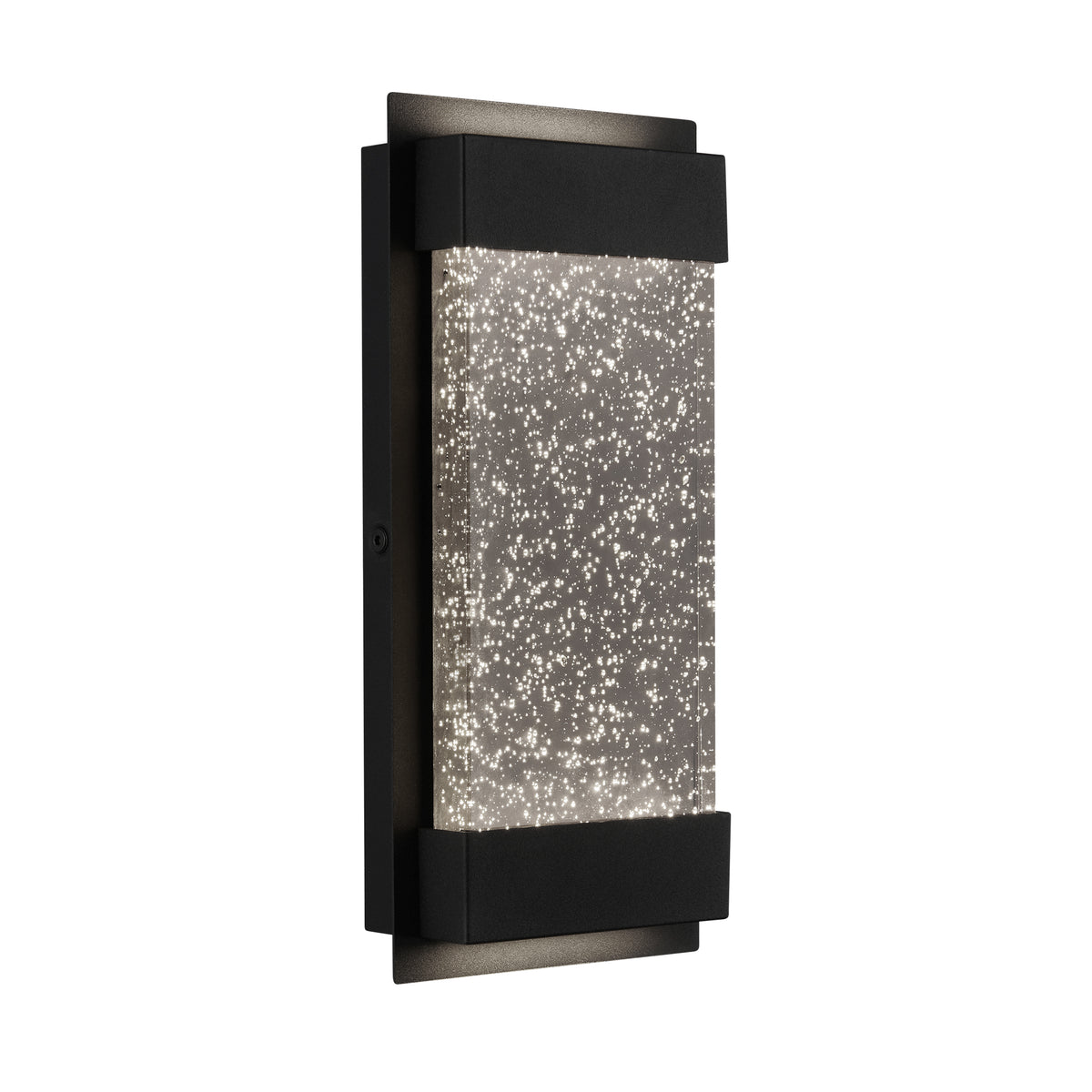 The Artika Essence Glow Box indoor-outdoor LED wall light features a modern rectangular black frame and a clear glass panel filled with sparkling bubbles for a starry, illuminated effect.