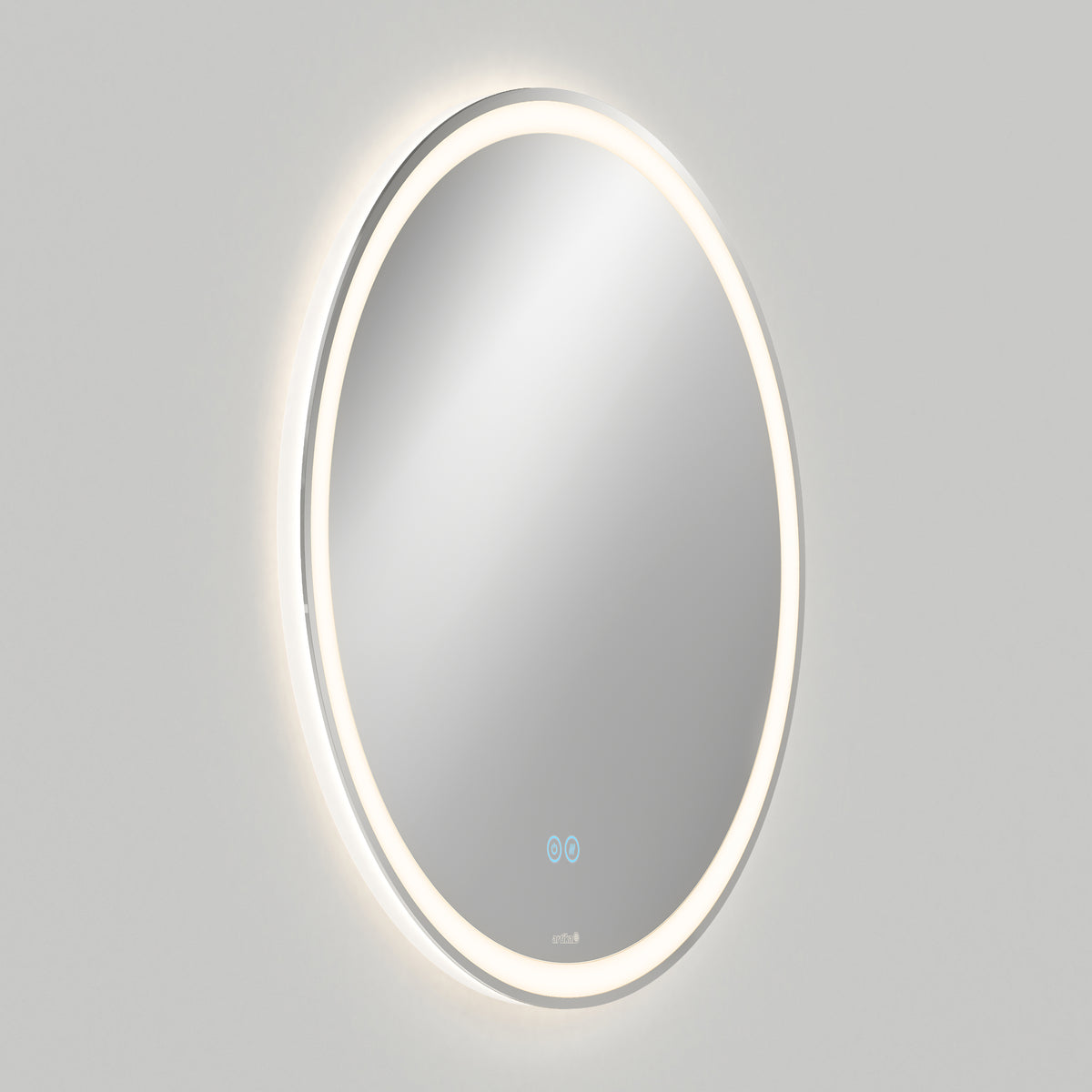 The Artika Ayla 28 in. LED mirror features a wall-mounted round design with an illuminated edge, defogger, and three CCT options. Two blue touch controls are at the bottom, set against a plain light gray background.