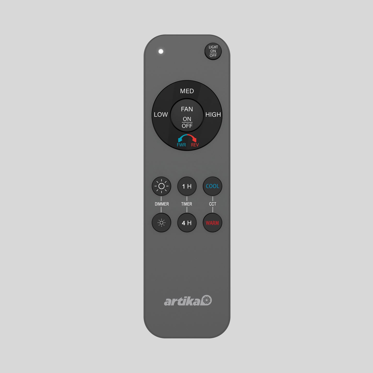 The Artika Replacement Remote Control for Ceiling Fans is gray and features white-labeled buttons for fan speed, timer, light on/off, direction, and color temperature adjustments.