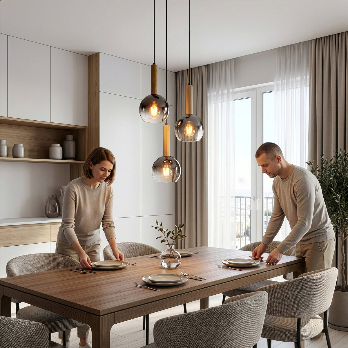 A man and woman set a dining table beneath the Artika Ardel Spiral 3-Light Pendant in a bright, neutrally decorated room.