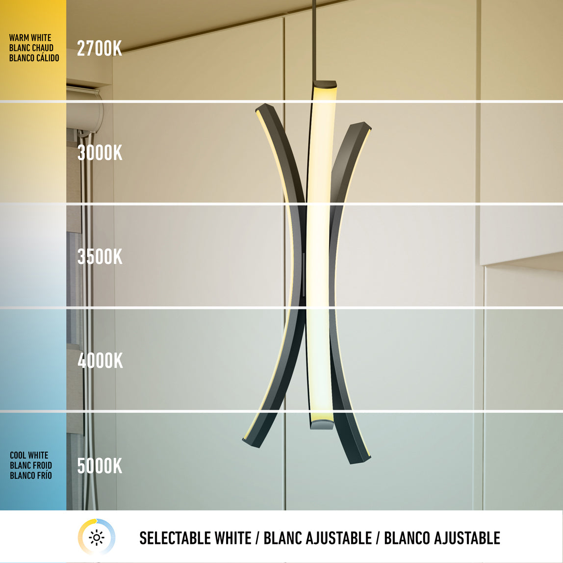 The Artika Corben Pendant LED light 5CCT Black hangs in a room, displaying lighting color temperatures from warm white (2700K) to cool white (5000K) in five sections, with "Selectable White" noted below in three languages.