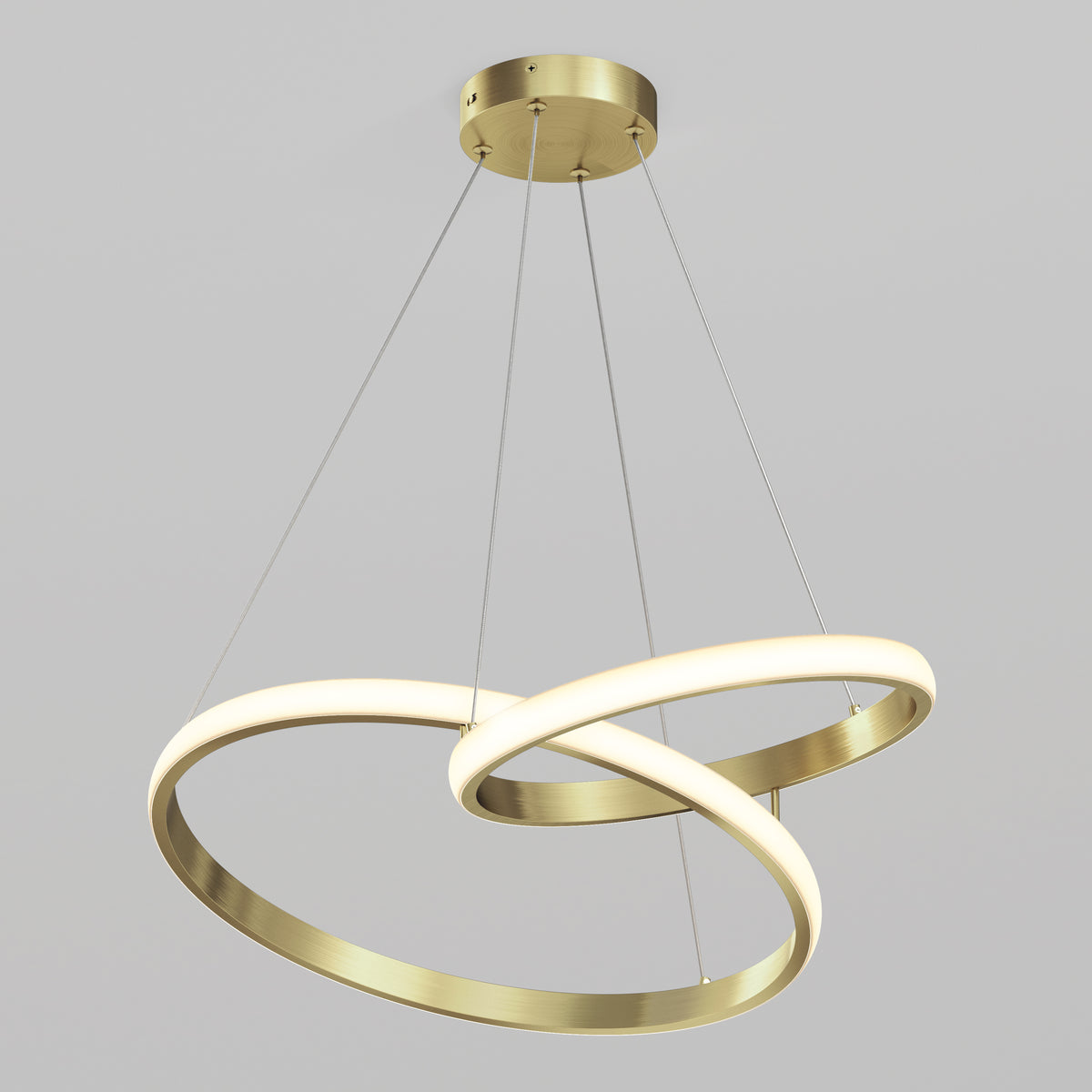 Artika Mora 28″ LED Pendant features two intersecting dimmable rings, suspended by cables from a round ceiling mount.
