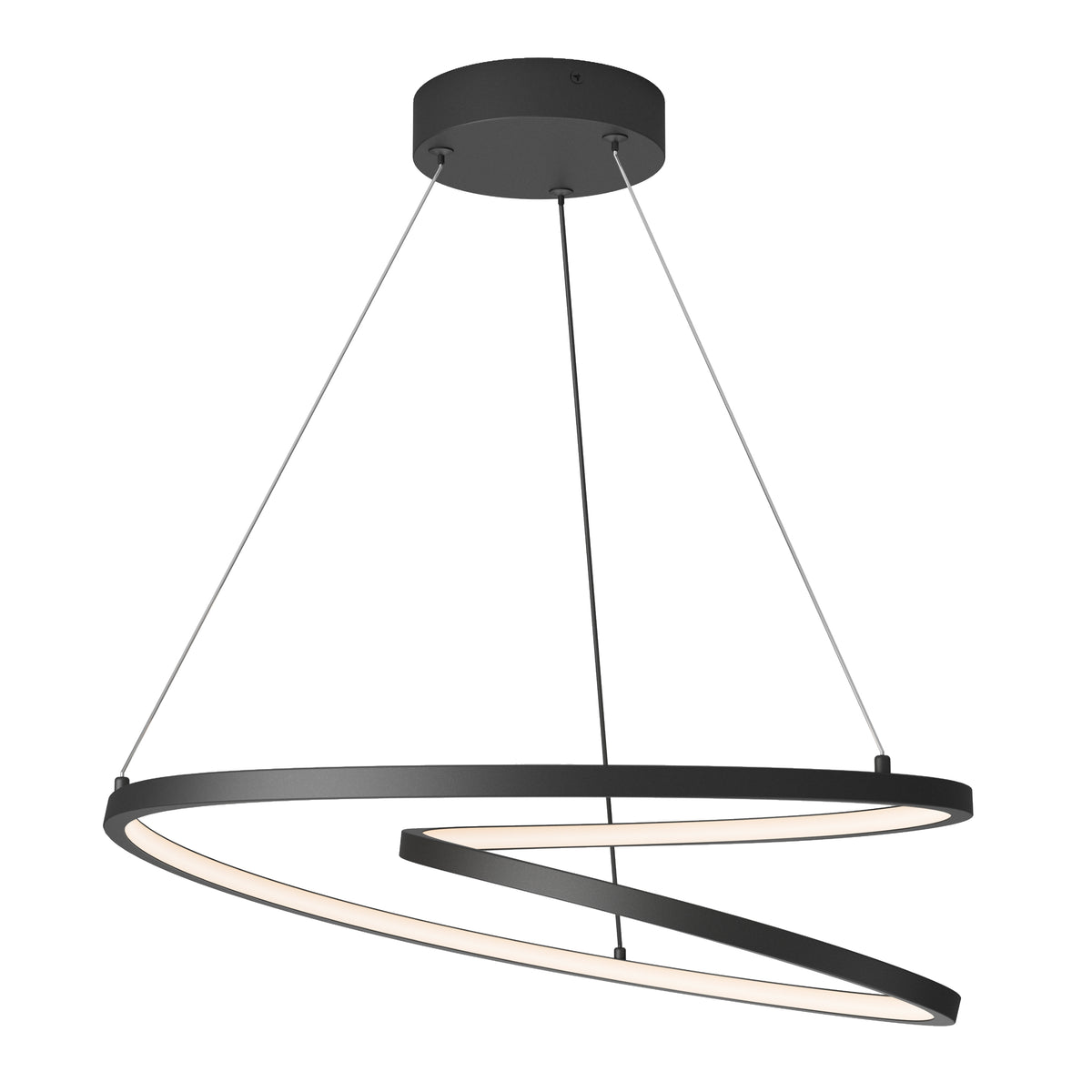 The Artika Salto LED pendant light features a modern spiral-shaped LED ring, suspended from a round ceiling mount by three slim cables for a sleek, contemporary look.