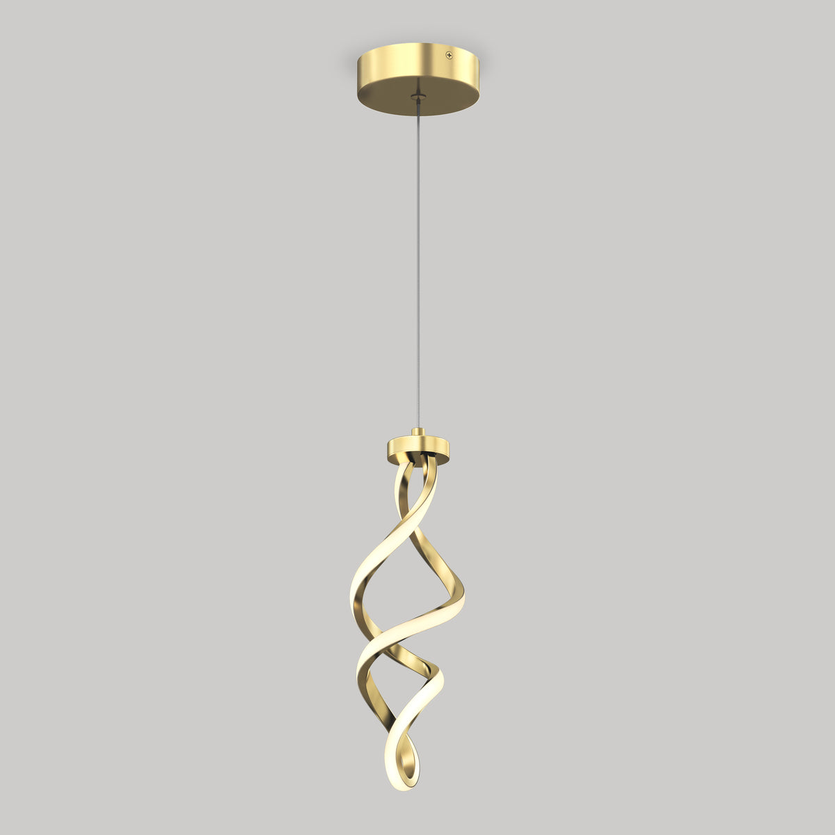 The Artika Mini Swirl LED pendant light, featuring a twisted, ribbon-like design, hangs from a round ceiling mount against a plain gray background.