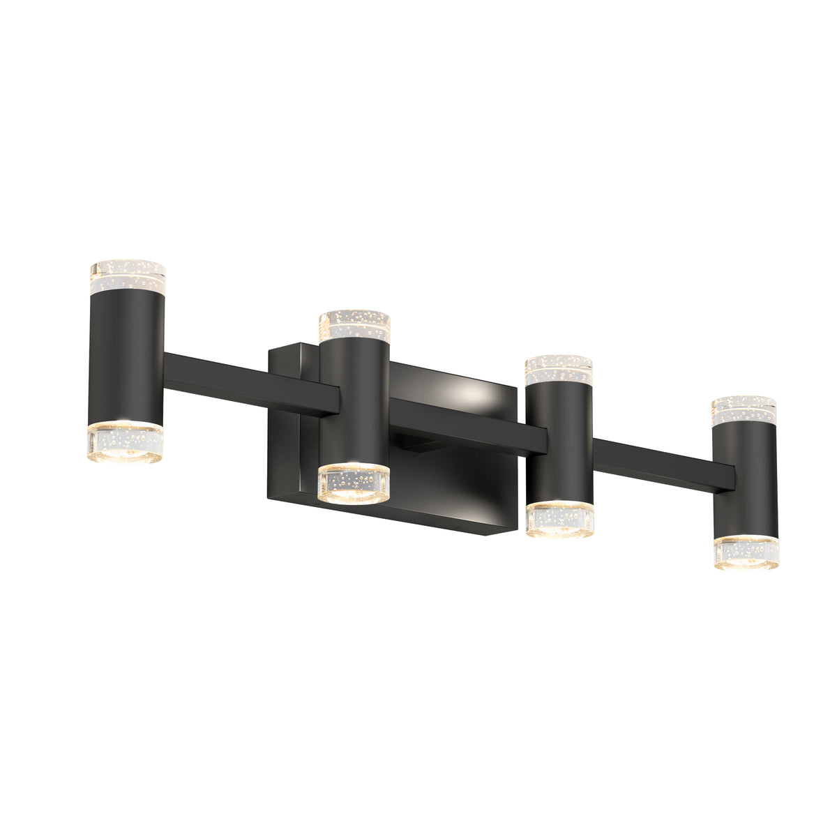 The Artika Mist modern LED bathroom vanity light 5 CCT features a sleek black design with four cylindrical lamps, frosted/textured diffusers, and adjustable color temperature—perfect for adding stylish, customizable lighting to your bathroom.