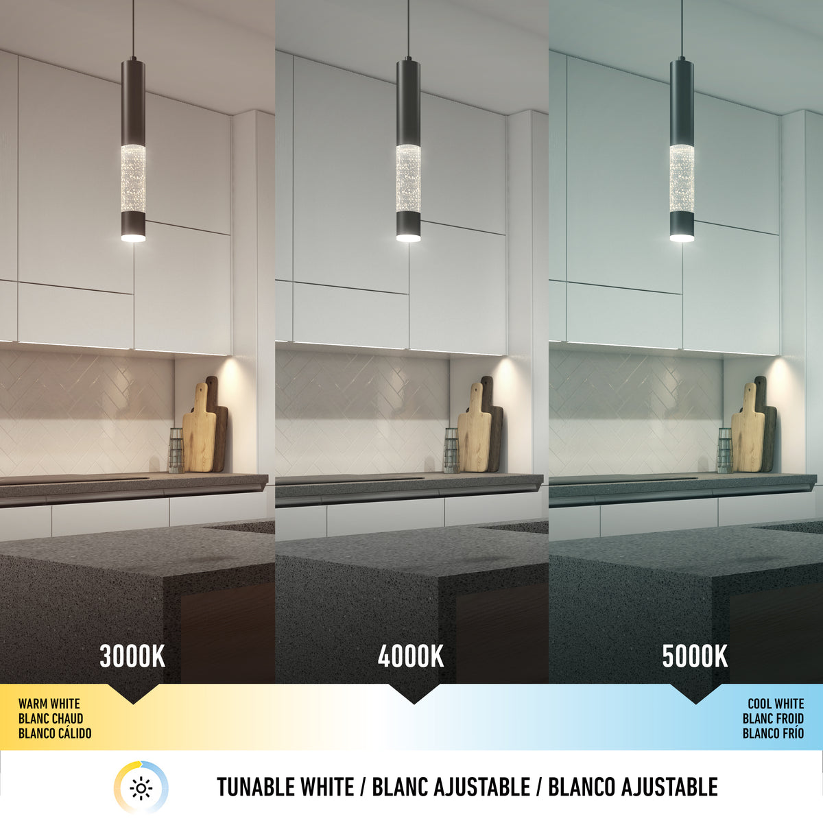 A modern kitchen features the Artika Mist LED pendant light, displaying three lighting temperatures: warm white (3000K), neutral white (4000K), and cool white (5000K), creating shades from yellowish to bluish.