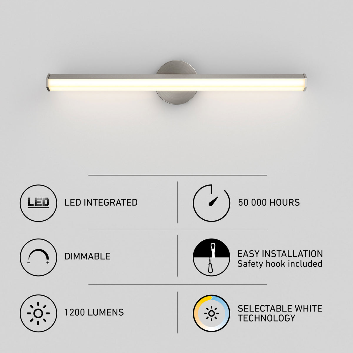 Artika Ewen modern LED bathroom vanity light 5 CCT, 1200 lumens, 50k-hour life—perfect for mirrors and easy to install.