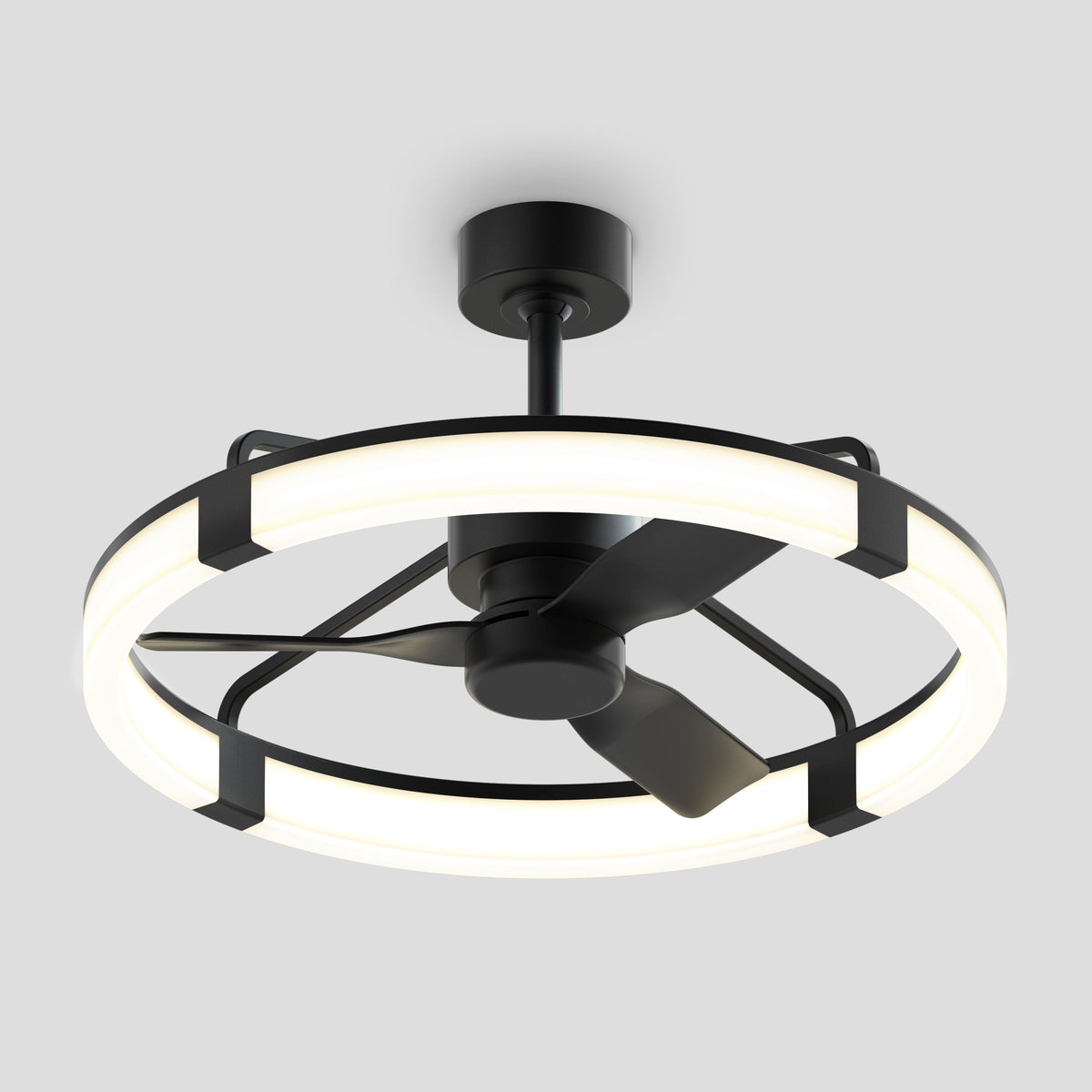 The Artika Sunnyvale 28 in. LED modern ceiling fan features three black blades and a circular adjustable lighting LED ring, and is mounted on a plain light gray ceiling. Includes remote control.