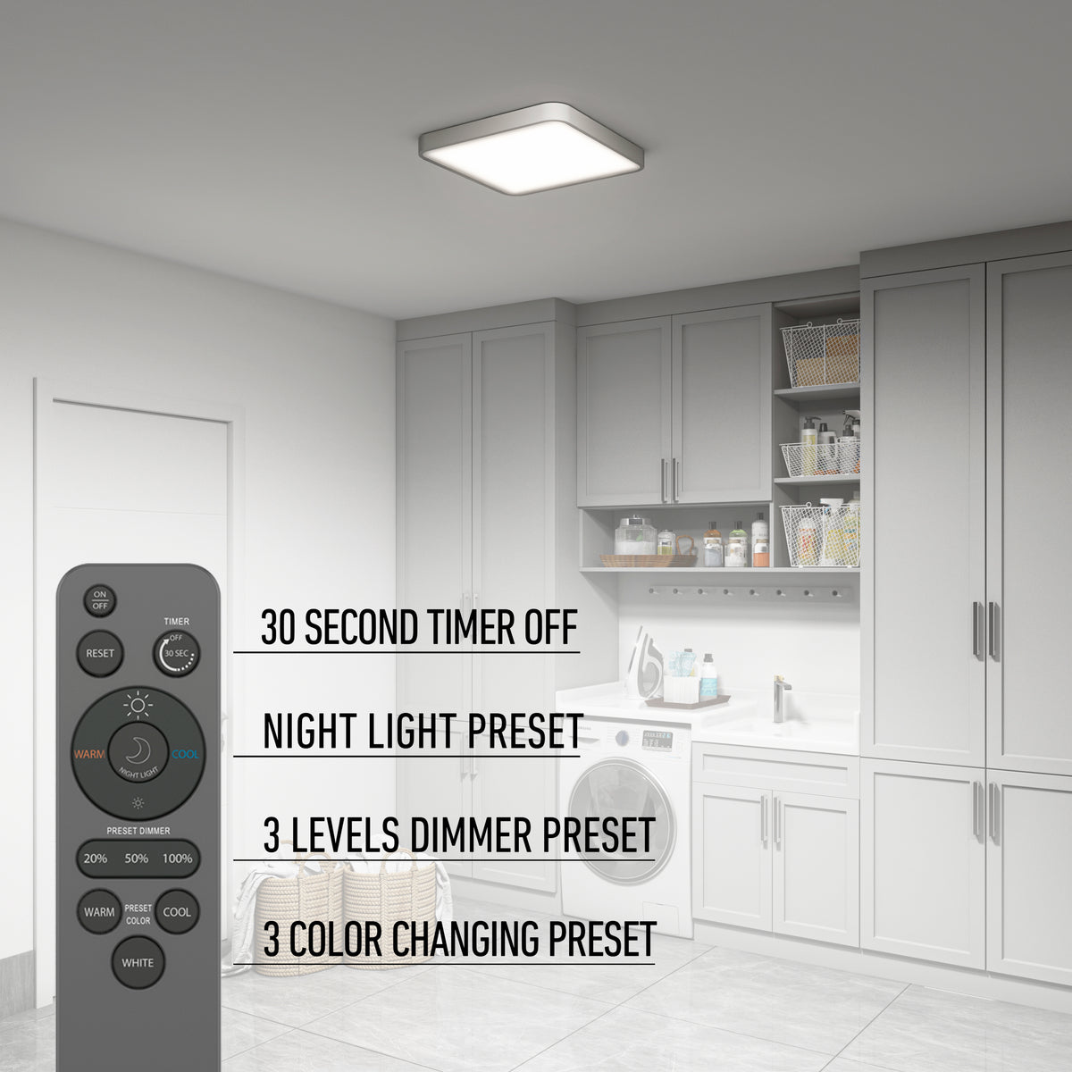 A laundry room with grey cabinets, washer, dryer, and an Artika Europa 18 in. LED flush mount light—features 30-sec timer off, night light, 3 dimmer levels, and 3 color presets. The remote control is shown on the left.