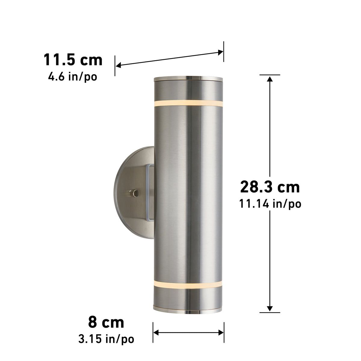 The Artika C7 indoor-outdoor wall light features a cylindrical, rustproof brushed metal design on a round base. It measures 28.3 cm (11.14 in) tall, 11.5 cm (4.52 in) wide, and 8 cm (3.15 in) deep—perfect for versatile lighting needs.
