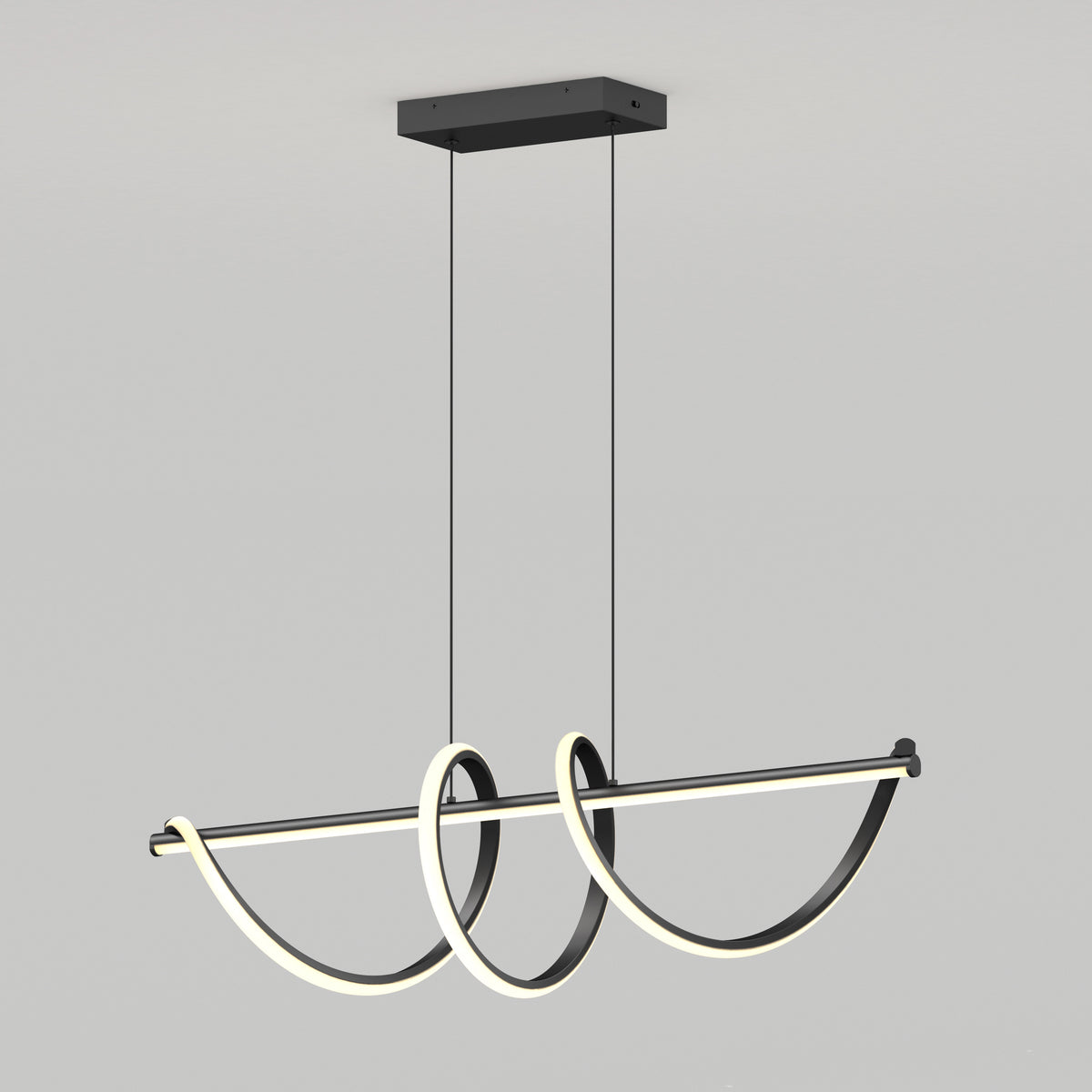 The Artika Coda modern LED pendant light 5 CCT features a black rectangular ceiling mount and dual curved black rods with integrated LEDs, creating elegant wave-like loops, suspended by slim cables for a sleek contemporary look.