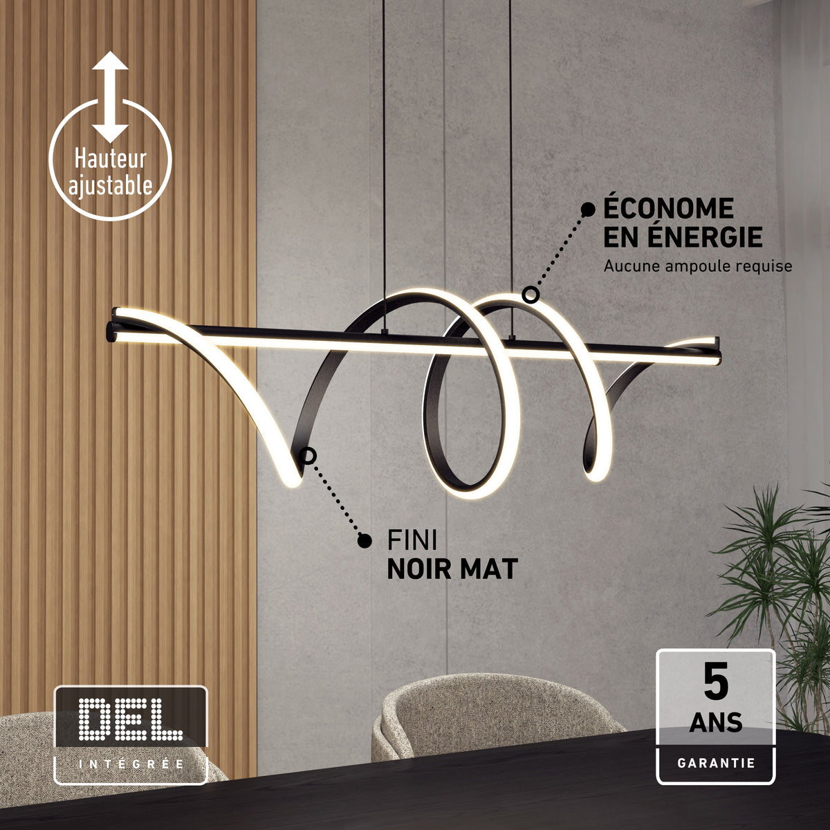 Artika Coda modern LED pendant light, 5 CCT, matte black, dimmable, height adjustable, perfect for kitchen islands. 5-year warranty.