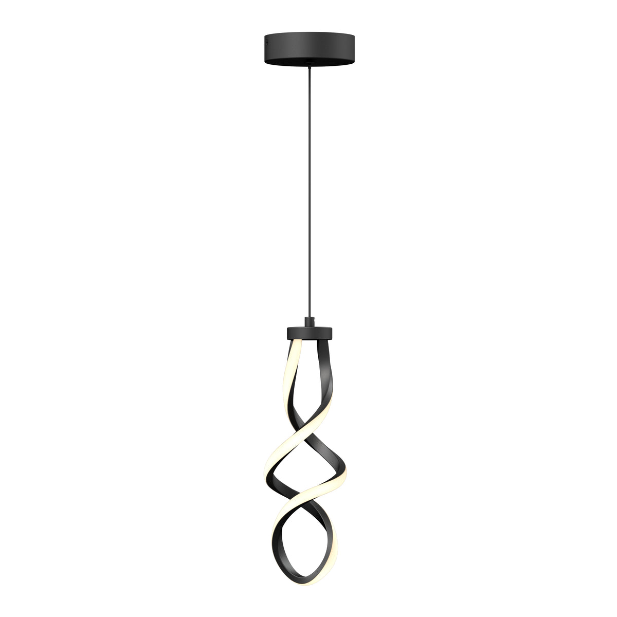 The Artika Mini Swirl LED pendant light features a sleek, modern look with a black circular ceiling mount and a vertically hanging twisted ribbon design in black and white.