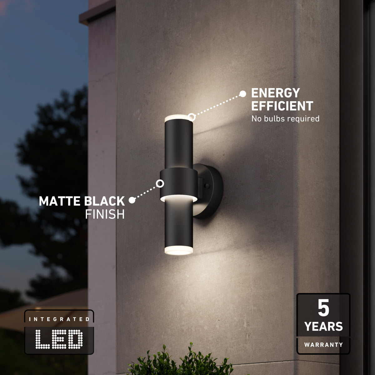 The Artika Dani modern LED indoor-outdoor wall light 5 CCT features a sleek cylindrical design, matte black finish, energy efficiency, integrated LED, and comes with a 5-year warranty—ideal for stylish illumination at dusk.
