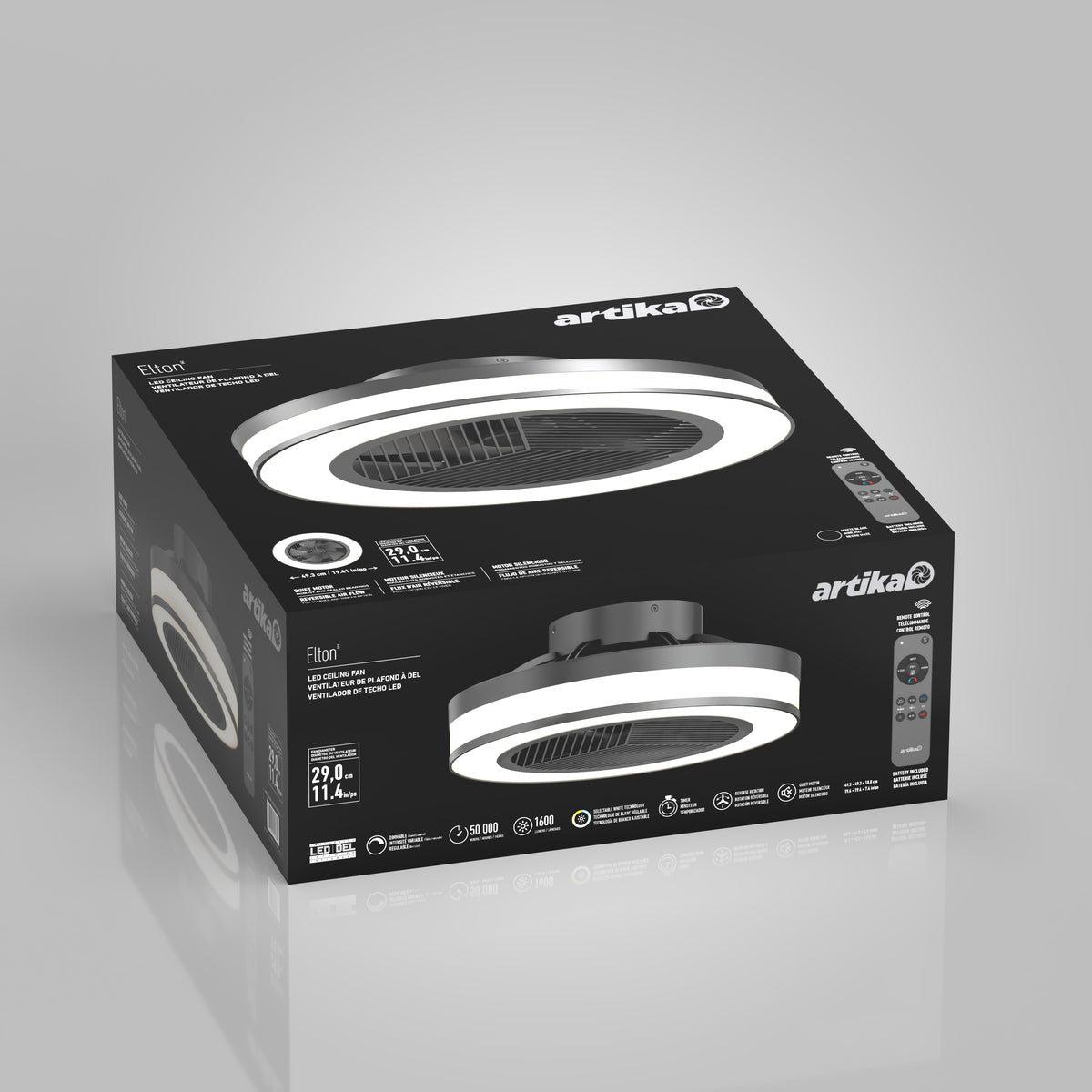 A black and gray rectangular box with a light gray background displays the Artika Elton 19.4 in. LED modern ceiling fan (3 speeds) with remote, featuring product images, specs, icons, and the fan’s remote control on the packaging.