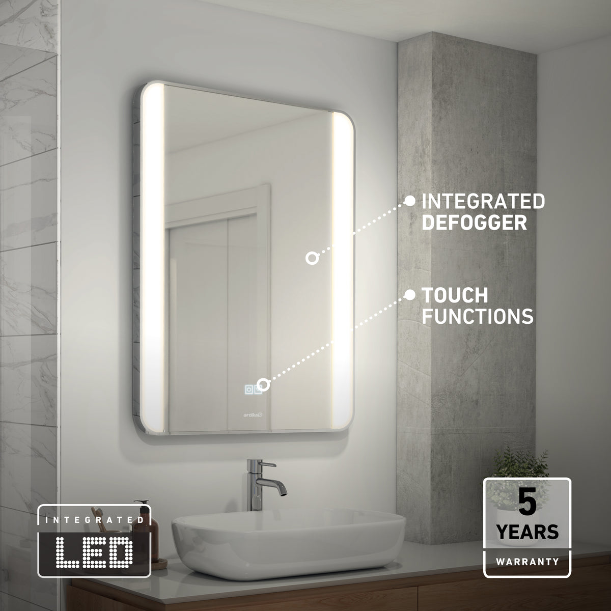 Artika Onyx 24″x32″ dimmable 3 CCT LED mirror with anti-fog, touch controls, and 5-year warranty above the sink.