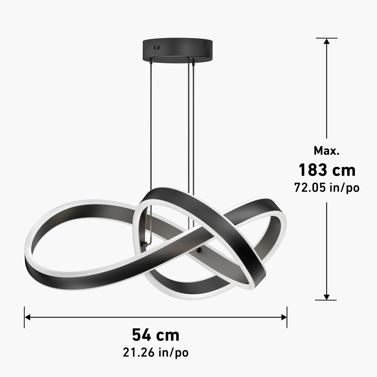 The Artika Bolero LED pendant light 5 CCT features a modern black and white infinity loop design, adjustable up to 183 cm (72.05 in) in height and 54 cm (21.26 in) wide, suspended from a ceiling mount.