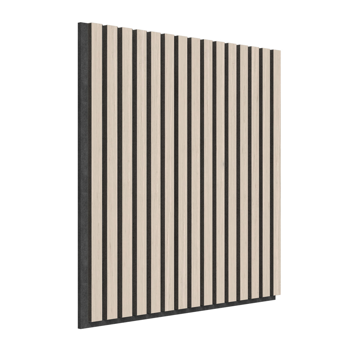 The Artika Sonolok 15.5 ft sound-absorbing wall panel kit (4-pack) features rectangular panels with vertical light wood slats, evenly spaced over a dark background, shown angled against a white backdrop.