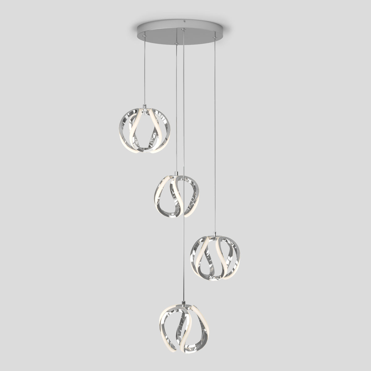 The Artika Vivaldi LED 4-light pendant features four intertwined LED loops suspended at varying lengths from a round, flat ceiling mount, shown against a plain light gray background.