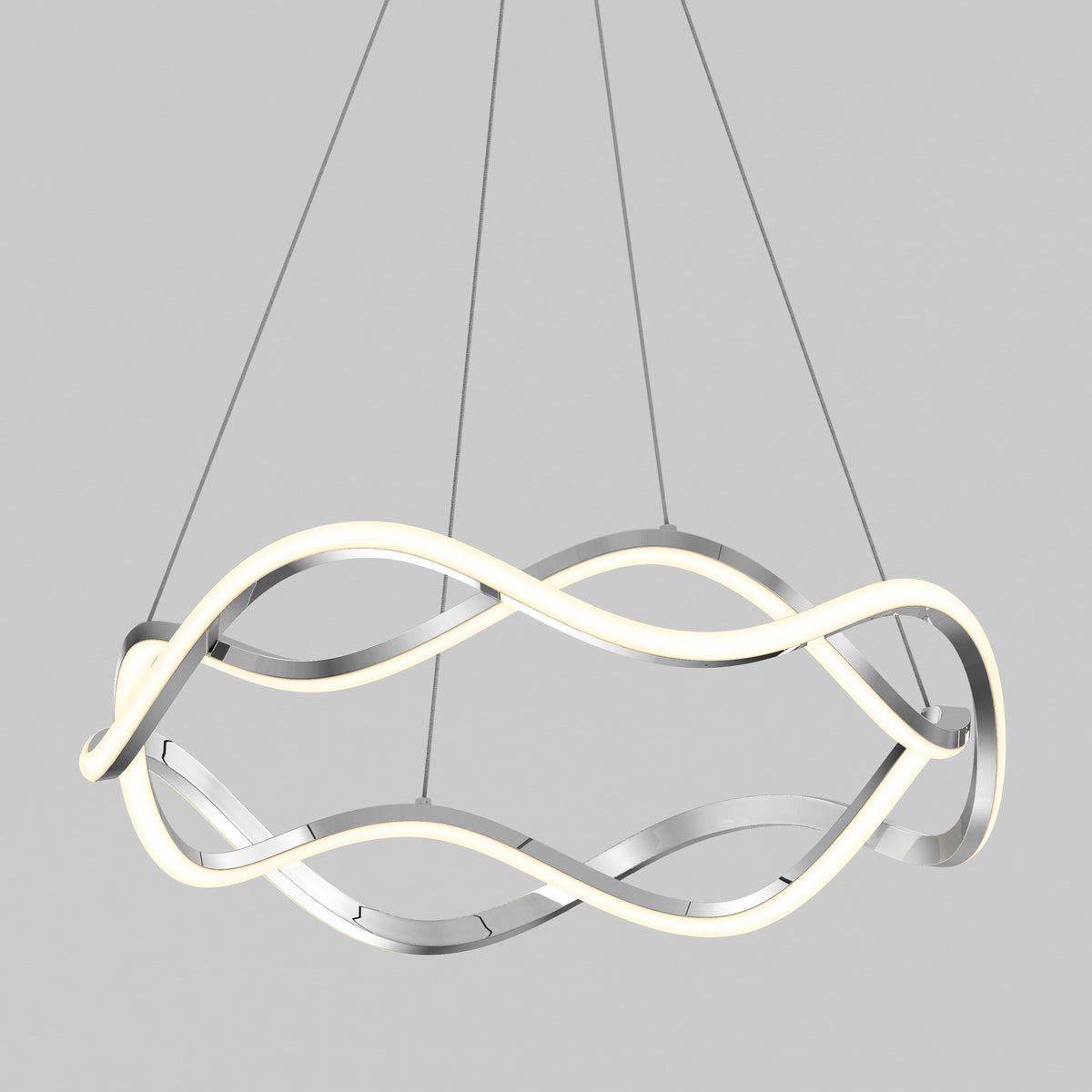 The Artika Vanora LED pendant light 5 CCT features modern, sculptural, wavy intertwined metal and illuminated bands, suspended by four thin cables against a plain light gray background.