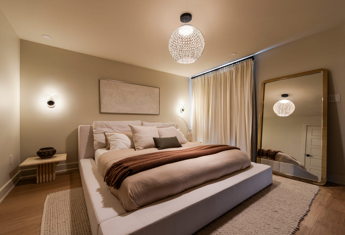 Boho Pendant light and wall lights in a bedroom