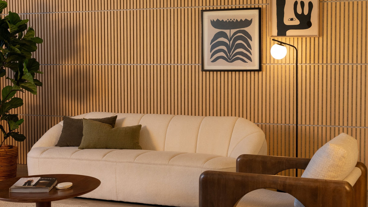 Sonolok wall panel with Clayton floor lamp in a living room