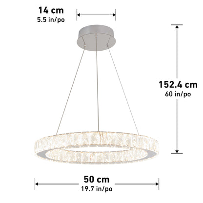 The Artika Celebrity LED pendant light is a modern circular crystal chandelier suspended by three wires, measuring 14 cm in height, 50 cm in width, and up to 152.4 cm in hanging length.