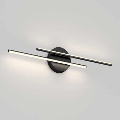The Artika Cisco modern LED bathroom vanity light 5 CCT features two parallel horizontal LED bars on a round black base, mounted on a light gray wall, emitting a soft, even glow.