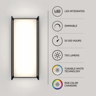 The Artika Ryker smart RGB indoor-outdoor wall light features integrated LED, dimming, 50,000-hour lifespan, 700 lumens brightness, tunable white technology, and RGB color-changing capabilities.