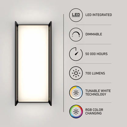 The Artika Ryker smart RGB indoor-outdoor wall light features integrated LED, dimming, 50,000-hour lifespan, 700 lumens brightness, tunable white technology, and RGB color-changing capabilities.