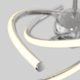 Close-up of a modern LED ceiling light fixture with curved, illuminated metal arms and a sleek, metallic finish against a plain, light gray background.