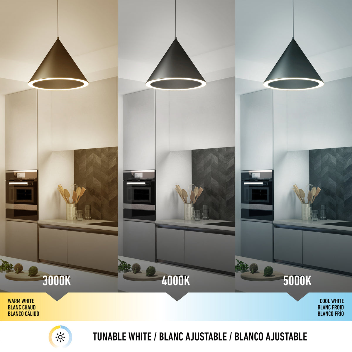 A kitchen pendant light shown in three color temperatures: warm white (3000K), neutral white (4000K), and cool white (5000K), illustrating the effect of tunable white lighting on the room’s appearance.