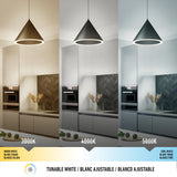 A kitchen pendant light shown in three color temperatures: warm white (3000K), neutral white (4000K), and cool white (5000K), illustrating the effect of tunable white lighting on the room’s appearance.
