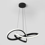 A modern pendant light with three interwoven black loops, two of which have integrated LED lights emitting a bright white glow, suspended from a black circular ceiling mount by thin black cords.