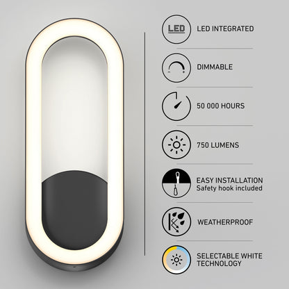 The Artika Aiden modern LED indoor-outdoor wall light 5 CCT features a black base, integrated LED, selectable white technology, dimmable function, 50,000-hour lifespan, 750 lumens, easy installation with safety hook, and weatherproof design.