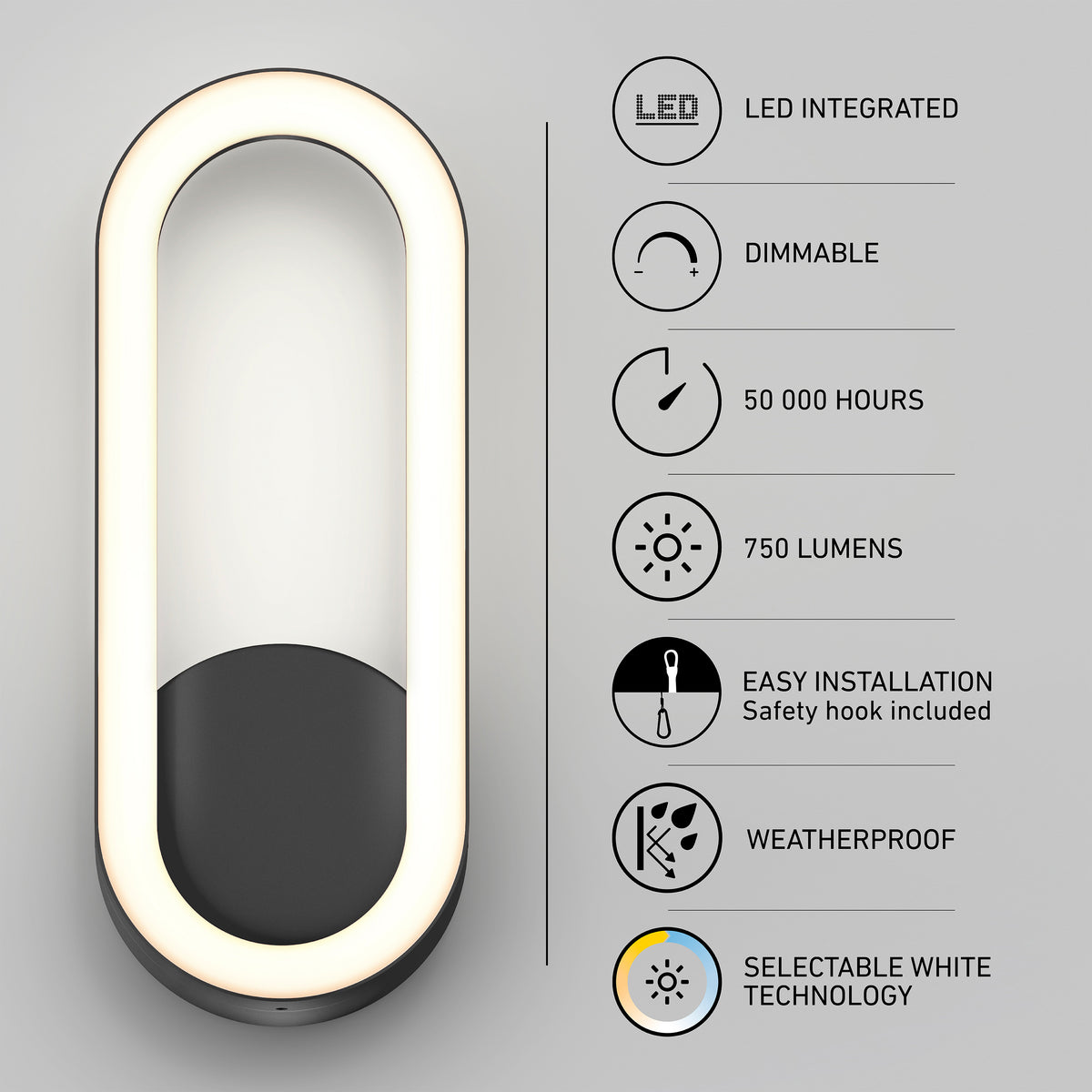 Oval-shaped wall light with a black base and glowing LED border, shown beside icons and text highlighting features: LED integrated, dimmable, 50,000 hours, 750 lumens, easy installation, weatherproof, selectable white technology.