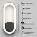 Oval-shaped wall light with a black base and glowing LED border, shown beside icons and text highlighting features: LED integrated, dimmable, 50,000 hours, 750 lumens, easy installation, weatherproof, selectable white technology.
