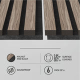 Close-up of walnut and black soundproof acoustic panels with text indicating 2.85 m² (30.7 ft²) surface covered, walnut and black color, soundproof feature, and a 6-pack.