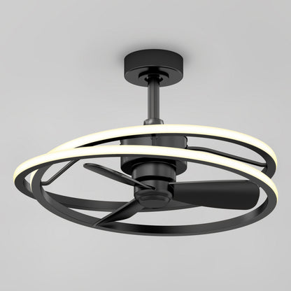 The Artika Coda 23 in. LED modern ceiling fan features three black blades and dual circular integrated LED rings, all operated by remote, set against a light gray background.