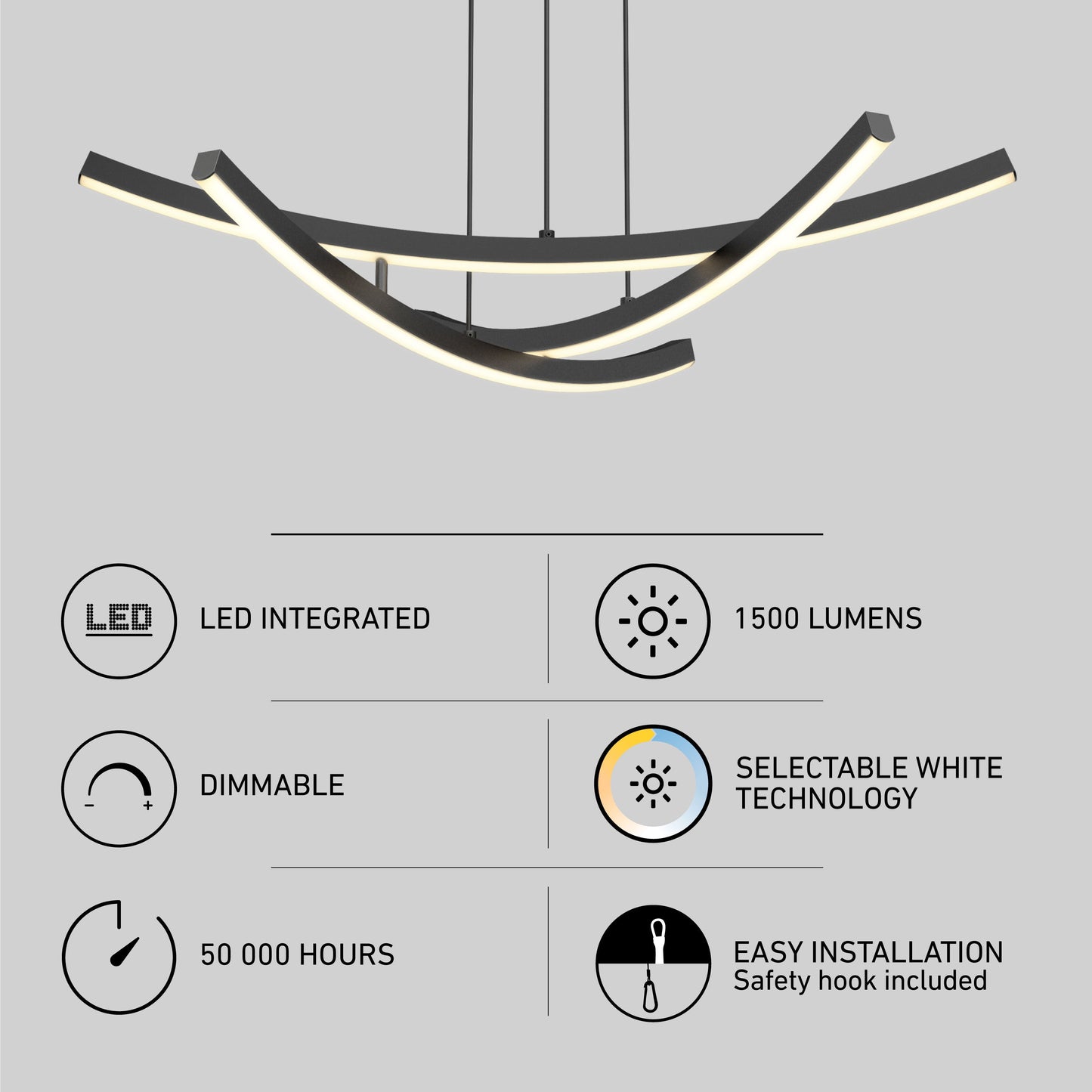 Artika-CAN-dev Orly modern LED pendant light 5 CCT features integrated LED, 1500 lumens, dimmable, 50,000-hour lifespan, selectable white technology (5 CCT), and easy installation with a safety hook.