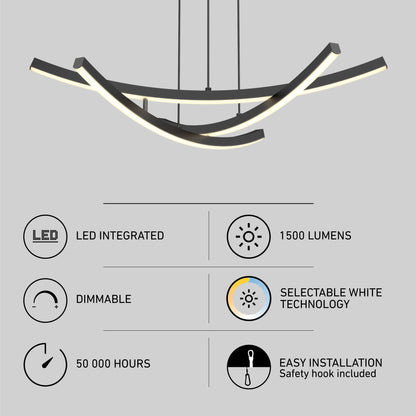 The Artika Orly modern LED pendant light 5 CCT features integrated LEDs, 1500 lumens, dimmable lighting, selectable white technology, a 50,000-hour lifespan, and easy installation with a safety hook.