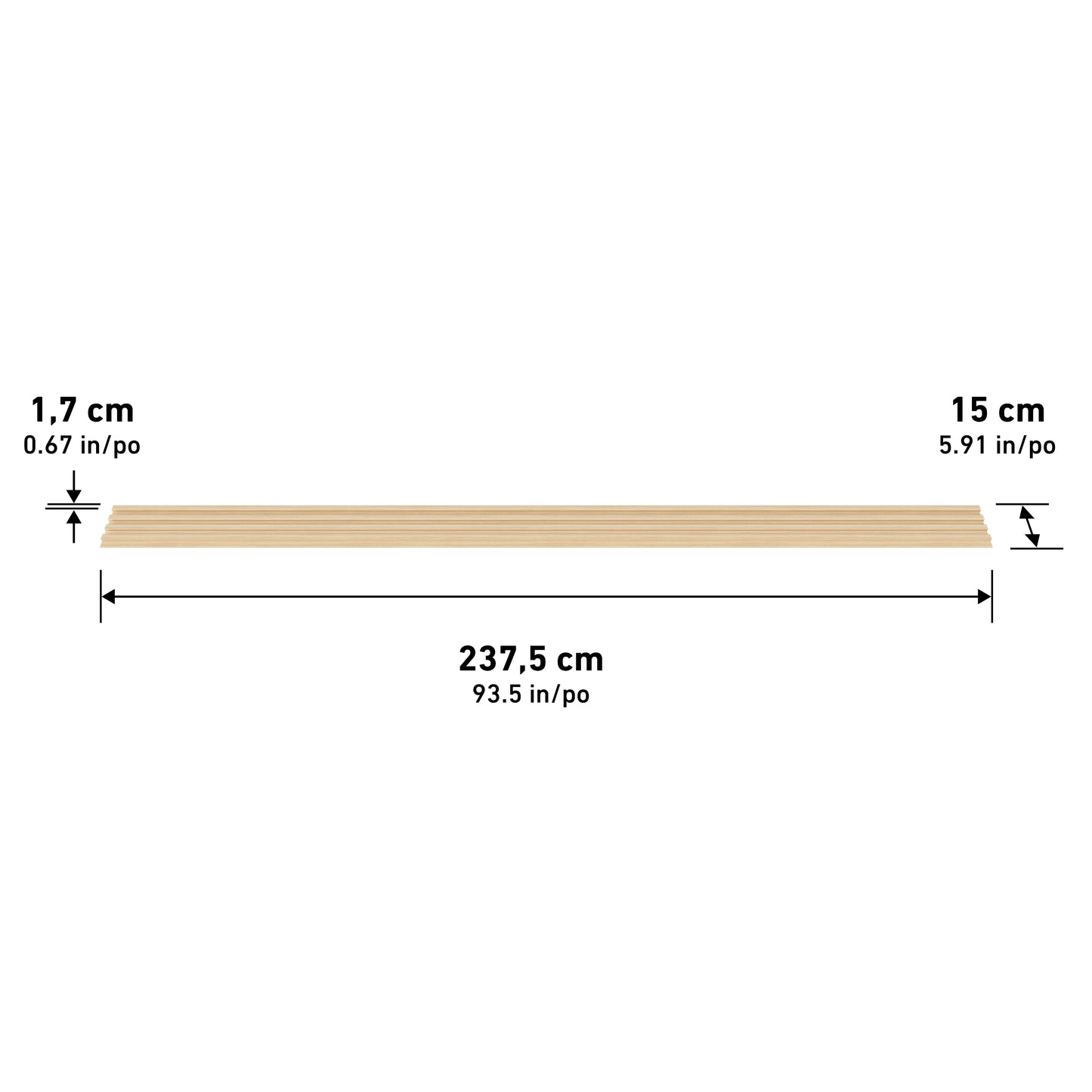 The Artika Panolok 30.67 ft wall panel kit (pack of 8) features panels each measuring 237.5 cm x 15 cm x 1.7 cm, shown with labeled dimensions on a white background.
