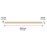 A wooden plank measuring 237.5 cm (93.5 in) long, 15 cm (5.91 in) wide, and 1.7 cm (0.67 in) thick, with dimension labels and arrows pointing to each side.