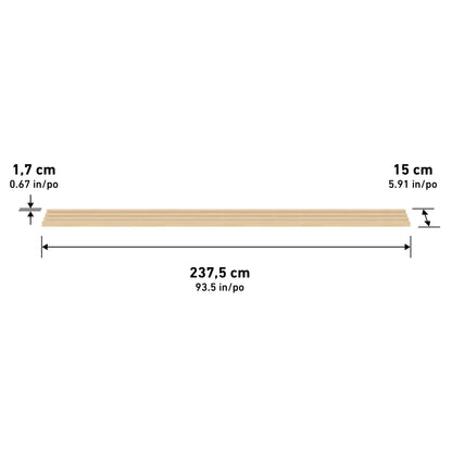 The Artika Panolok 30.67 ft wall panel kit (pack of 8) features panels each measuring 237.5 cm x 15 cm x 1.7 cm, shown with labeled dimensions on a white background.