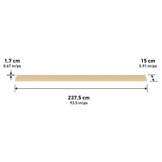 The Artika Panolok 30.67 ft wall panel kit (pack of 8) features oak-finish planks, each measuring 1.7 cm thick, 15 cm wide, and 237.5 cm long—ideal for Scandinavian design or slatwall panels.