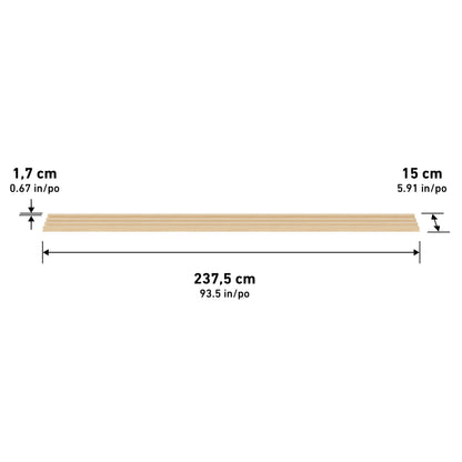 The Artika Panolok 30.67 ft wall panel kit (pack of 8) features oak-finish planks, each measuring 1.7 cm thick, 15 cm wide, and 237.5 cm long—ideal for Scandinavian design or slatwall panels.