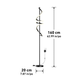 The Artika Coda modern LED floor lamp 5CCT features a spiral design, round base, 160 cm height, and 20 cm diameter. It’s dimmable with an attached power cord and plug for easy setup.