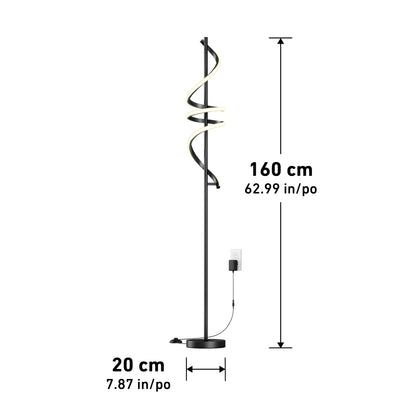 The Artika Coda modern LED floor lamp 5CCT features a spiral design, round base, 160 cm height, and 20 cm diameter. It’s dimmable with an attached power cord and plug for easy setup.
